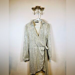 Double Crazy Sparkling Gold Sequin with Ivory UnderFaux Wrap Mini Dress. Size XL